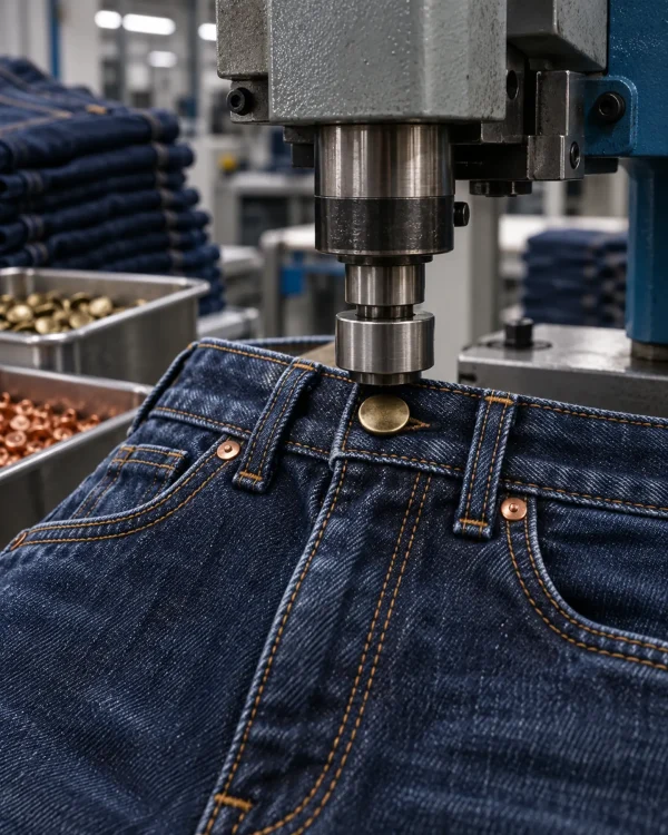 Jean pantolon üretiminde düğme ve metal perçin çakma uygulaması