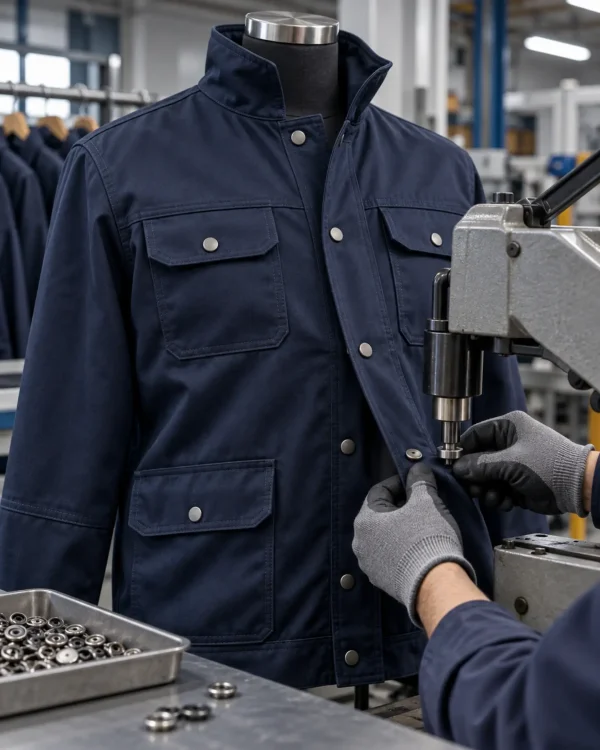 İş üniforması üretiminde dayanıklı metal çıtçıt uygulaması