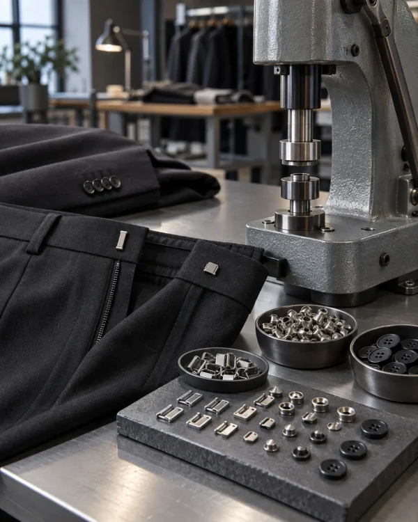 Resmi kıyafet üretiminde metal kopça perçin ve düğme uygulamaları